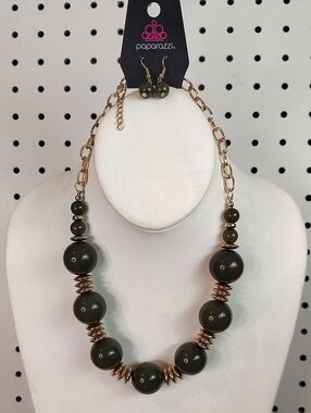 paparazzi Olive Green Beaded Necklace with Gold Accents and Matching Earrings